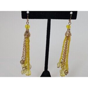 C 1946 Goldtone and Yellow Glass and Seed Beaded Dangle Tassel Earrings 3 1/8"